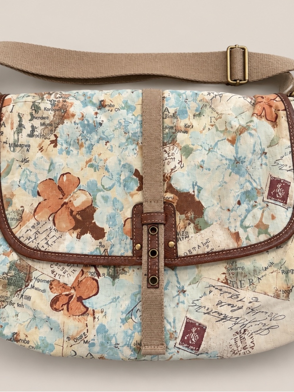 Vintage Fossil World Traveler Floral Map Canvas Messenger Crossbody Bag